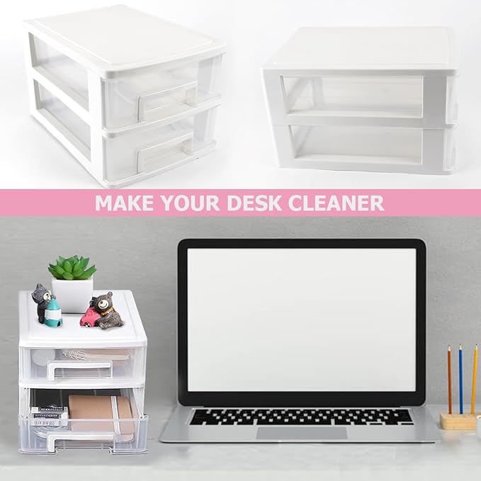 Plastic Desk Organizer,Desk Storage Box with 2 Drawers,Cosmetics Jewelry Storage Box Multifunction Storage Rack for Office School Home（White） - Image 7