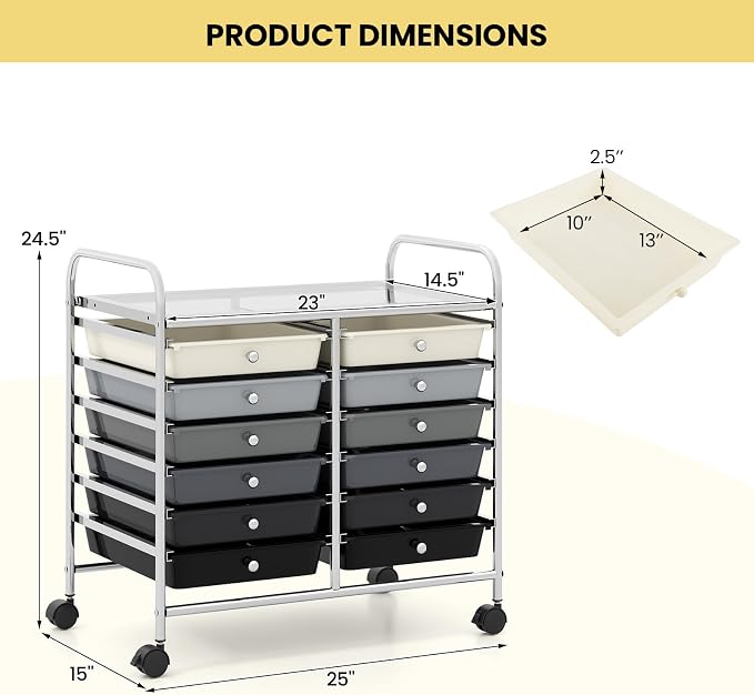 Giantex 12 Drawers Rolling Cart, Mobile Storage Drawer Cart, Classroom Organizer Cart for Office School Supplies Tools Scrapbook Paper Craft Small Printer, Utility Cart on Wheels, Black Gradient - Image 3