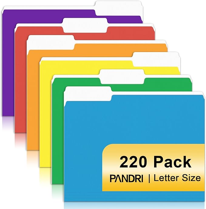 File Folder, PANDRI 220 Pack Colored File Folder, 1/3 Cut Tabs, Letter Size, Assorted 6 Colors Filing Folder for Office School Business by PANDRI