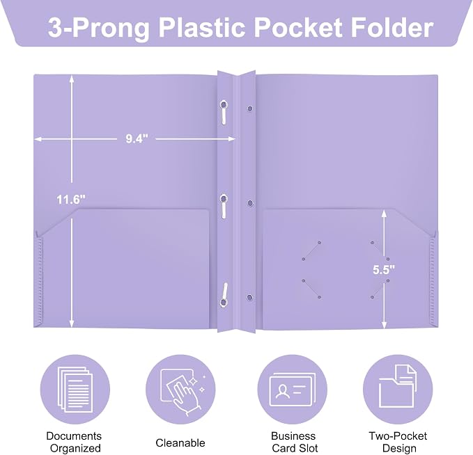 ViVin 12 Pack Heaty Duty Plastic Folders, 2 Pocket Poly File Plastics Folders with 3-Prong Fasteners, Pastel Color Plastic Folder for Letter Size Sheet, School Folder Kids Folder (Light Purple) - Image 2