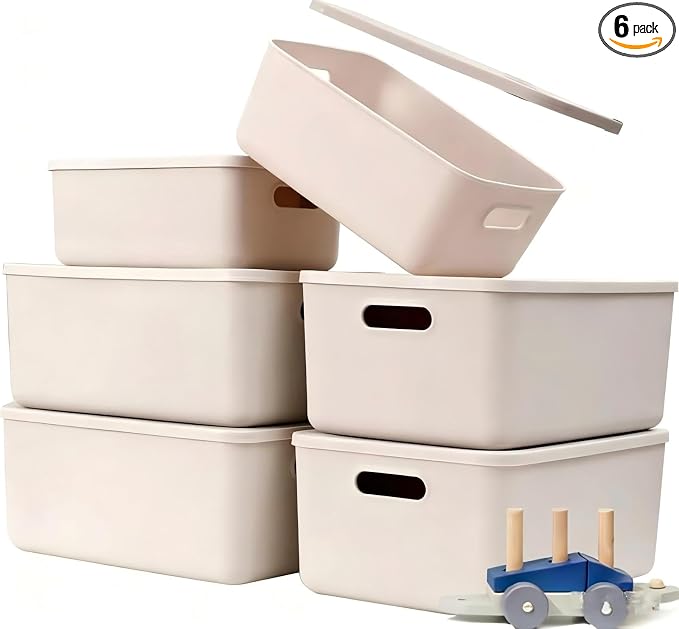Ytteve 6 Pack Light Grey Stackable Plastic Storage Bins with Lids & Handles, Durable - 4 Large (14.4"x10.2"x6.3") & 2 Medium (11.8"x8"x4.7"), Multi-size for Closet, Shelves, Drawers, Home & Office by Ytteve