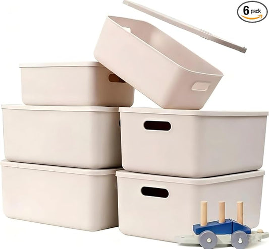 Ytteve 6 Pack Light Grey Stackable Plastic Storage Bins with Lids & Handles, Durable - 4 Large (14.4"x10.2"x6.3") & 2 Medium (11.8"x8"x4.7"), Multi-size for Closet, Shelves, Drawers, Home & Office by Ytteve