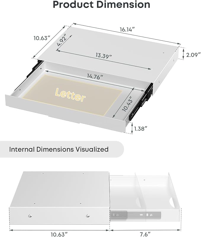 Under Desk Storage Drawer, 14.8" Wide Slide Out Under Desk Drawer | Max Load 17.6 Lbs, Quiet Glide, for Standing Desks & Home Offices, Heavy Duty Steel, White - Image 3