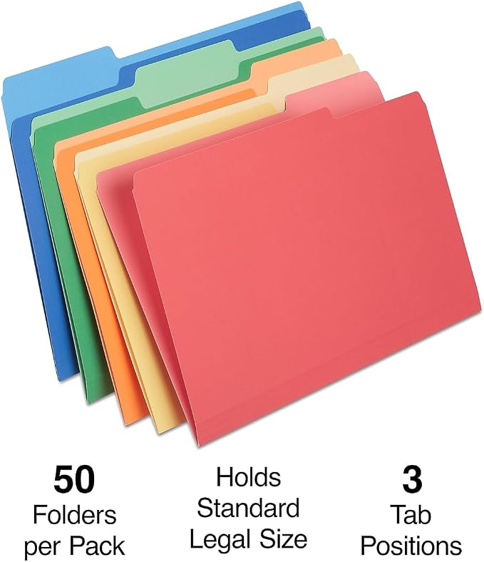 Staples Heavyweight File Folders, Legal Size, 3‑Tab, Assorted Colors, Durable Paper Stock, 50/Box - Image 2