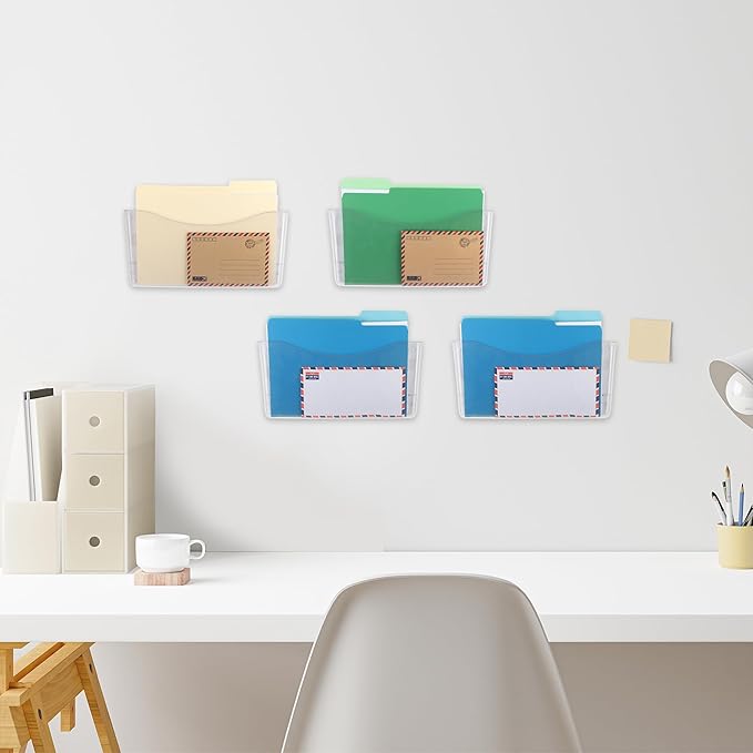 4 Pack Clear Single Pocket Hanging File Organizer, Plastic Wall Mount Paper Mails Magazines Holder, Mounted Folder Bins for Office, School and Home, 13.85x3.14x6.88 inches - Image 5