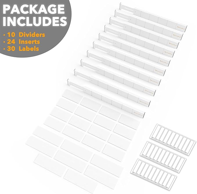 SpaceAid Bamboo Drawer Dividers with Inserts and Labels, Kitchen Adjustable Drawer Organizers, Expandable Organization for Home, Office, Dressers, 10 Dividers with 24 Inserts (17"-22" White) - Image 7