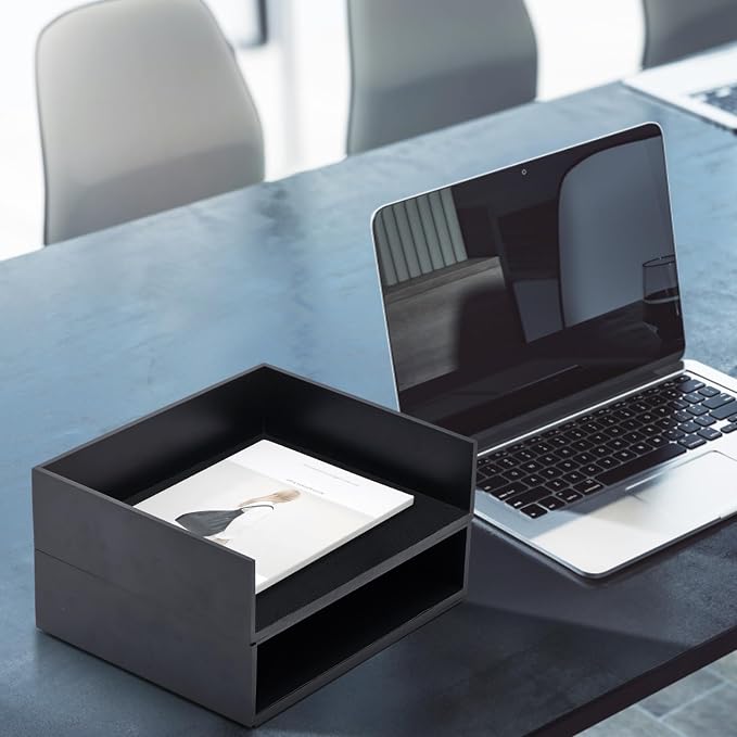 Yeaqee 2 Pcs Wooden Leather Stackable Letter Trays 13 x 10.6inch Luxurious Surface Desk Letter Tray Heavy Paper Inbox Mail Organizer for Office Document Magazine Folder Desktop Accessories(Black) - Image 5
