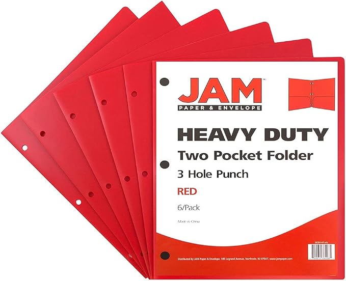 JAM PAPER Heavy Duty Plastic 3 Hole Punch Pocket Folders - Extra Tough School Folders - Red - 6/Pack - Image 2