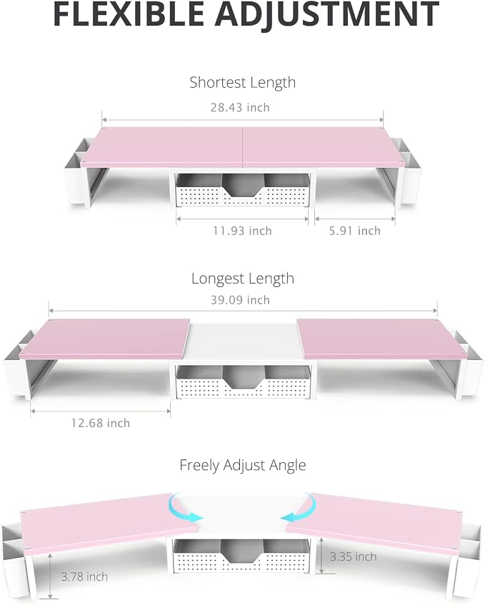 Desk Organizers and Accessories, Dual Monitor Stand Riser with Drawer and 2 Pen Holders, Desk Shelf Computer Racks for Office Workspace Organizers, Desktop Organization (Pink-White) - Image 3