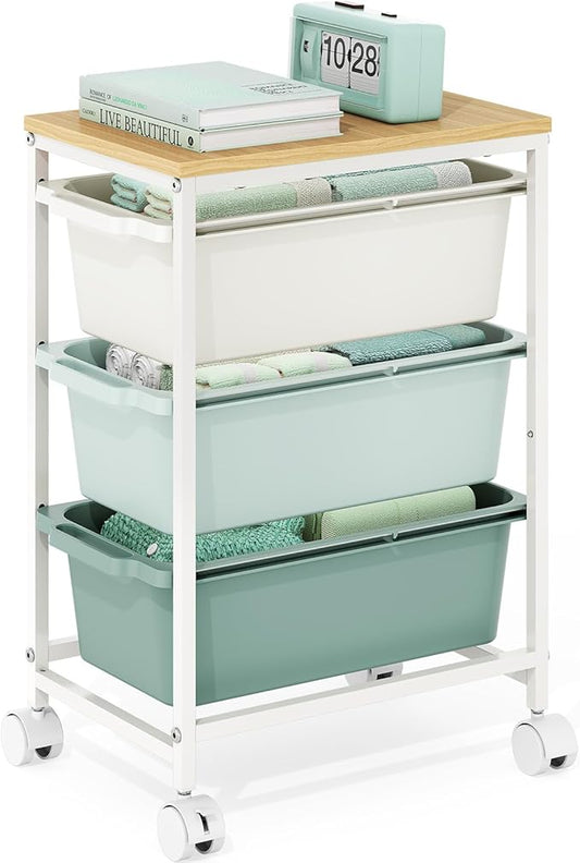 KINGBOARD Slim Rolling Cart with 3 Drawers, Metal Utility Storage Cart | Wooden Tabletop, Lockable Wheels, Under Desk Trolley for Bedroom, Children's Room and Office Organization, Green by KINGBOARD