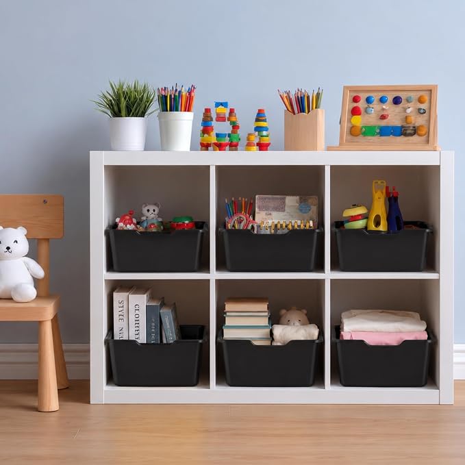 gisgfim 24 Pack Plastic Cubby Bins Classroom Book Bins Scoop Front Stackable Easy-to-Grip Toy Storage Tubs Containers for School Library Office Home Nursery Playroom Organization (Black) - Image 4