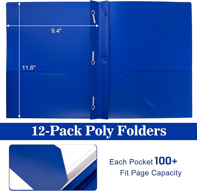 12-Pack Plastic Folders with Pockets and Prongs, 2-Pocket Poly Folders with 3 Fasteners Holds 8-1/2" x 11" Paper for School/Office/Home, Blue - Image 2