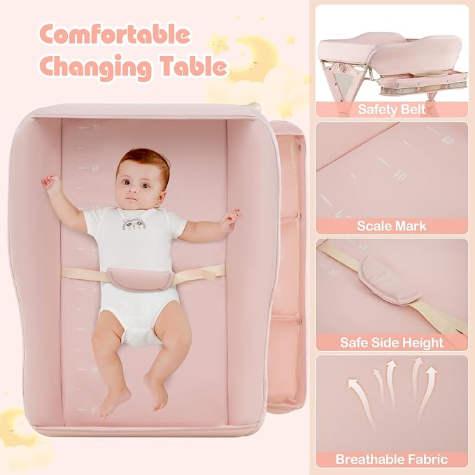 INFANS Baby Changing Table with Wheels, Portable Folding Diaper Station Nursery Organizer with Storage Basket, Hanging Rack, Adjustable Height, Safety Belt for Newborn Infant (Light Pink) - Image 2