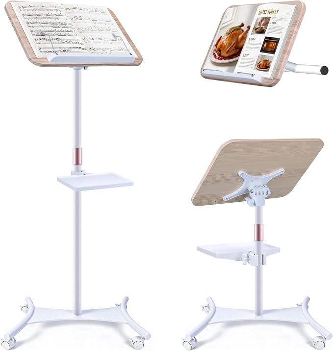 2 in 1 Dual-use Music Stand & Desktop Book Stand, Adjustable Height 16.5"-51", 100% Solid Wood Laptop Floor Stand Book Holder with Elastic Page Clips for Cookbooks (White with Tray and Wheels) by Unknown