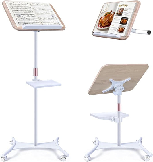 2 in 1 Dual-use Music Stand & Desktop Book Stand, Adjustable Height 16.5"-51", 100% Solid Wood Laptop Floor Stand Book Holder with Elastic Page Clips for Cookbooks (White with Tray and Wheels) by Unknown