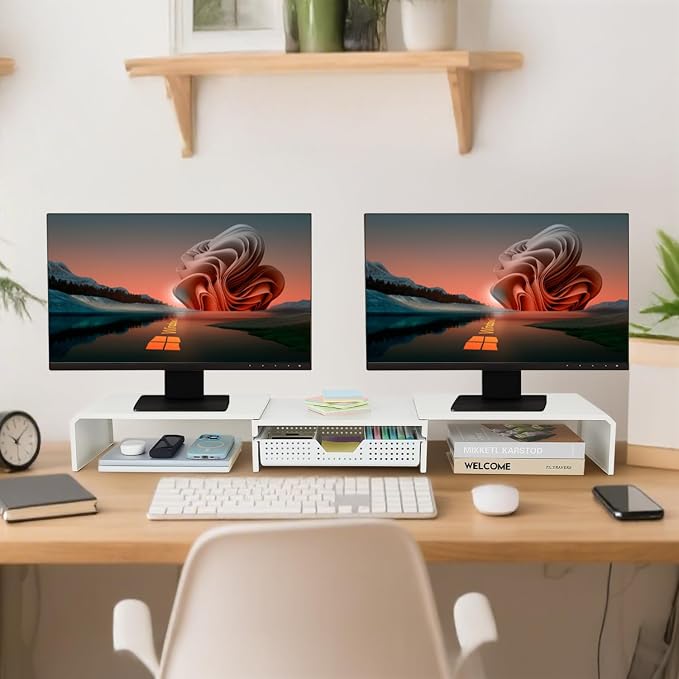 LEKETREE Dual Monitor Stand Riser with Drawer, Desk Organizer and Accessories, Metal Laptop Stand for Desk, Workspace Desktop Stand for Computer, Laptop, TV and More (White) - Image 3