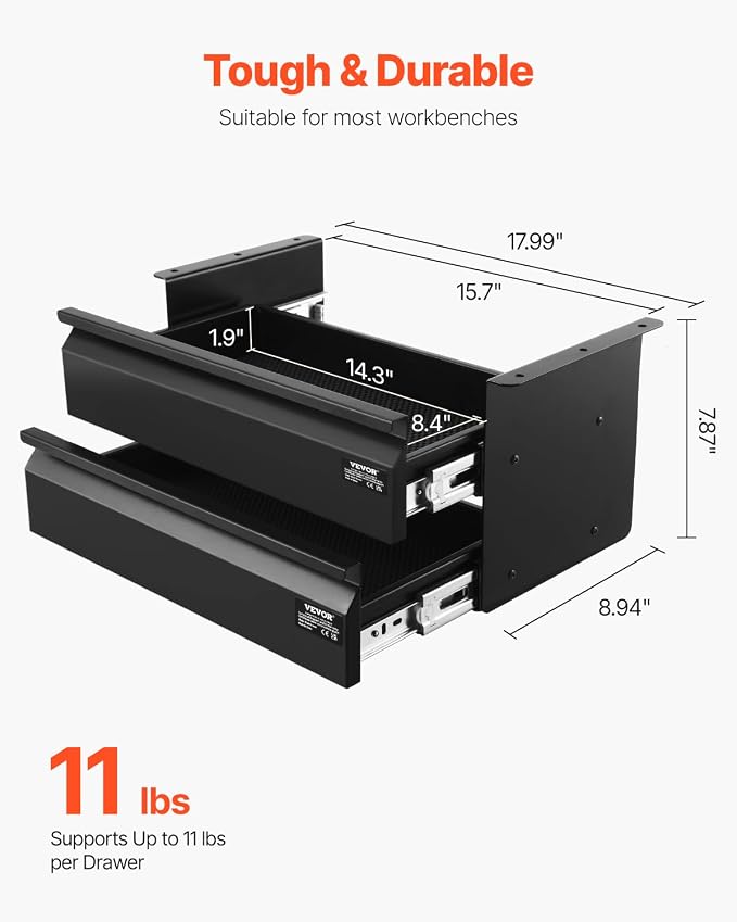VEVOR Under Desk 2 Layer Slide Out Drawer, 16 inch Under Desk Pull-out Drawer for Home Office Sit Stand Workstation, Black - Image 2