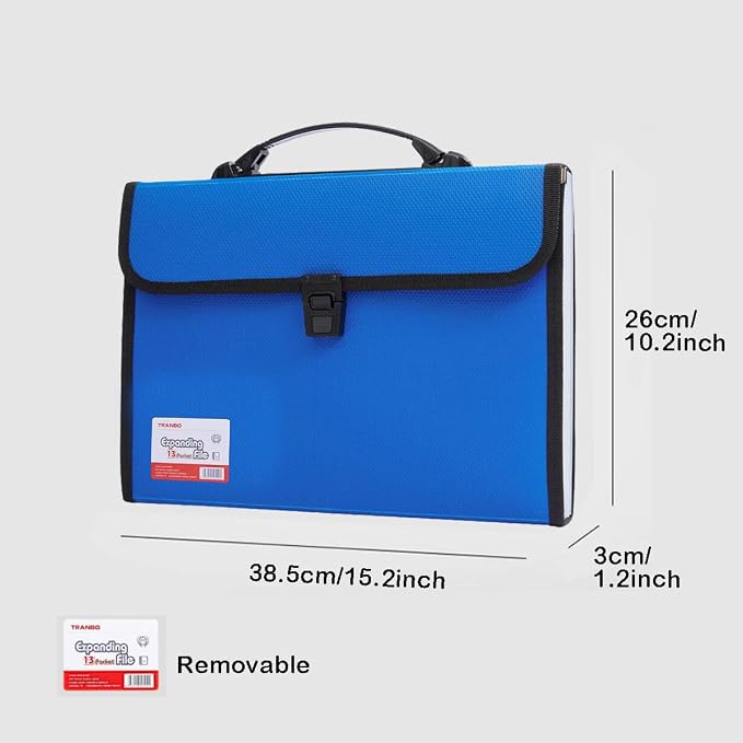 Extra Large Legal Size/Foolscap 12 Pockets Accordion File Organizer with Handle, TRANBO Portable Expanding File Folder, Expandable Plastic Document Organizer for Travel School Office - Blue - Image 2