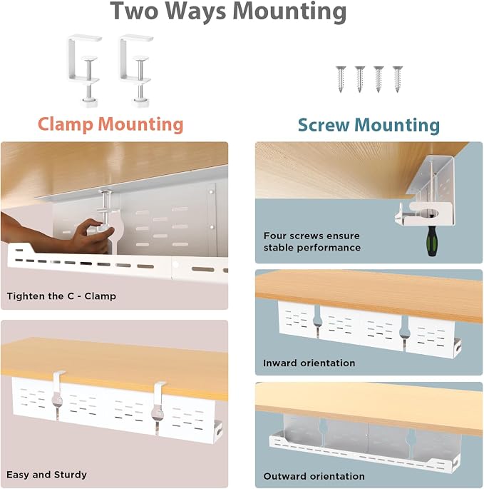 Univivi Under Desk Cable Management Tray, Cable Management, 32 inch, White | Durable Steel Material, Desk Cable Management with No-Drill C-Clamp and Screw Mount, Cord Management for Office/Home - Image 2