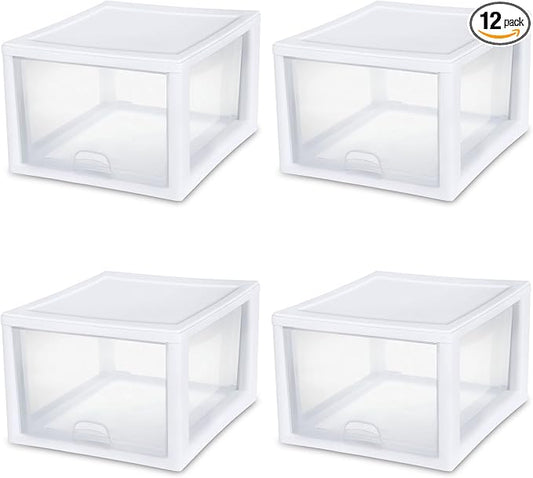 Sterilite Stacking Drawer Storage Organizer for Clothes, 27 Quart, 12-Pack | White Frame, Stackable Modular Clear Plastic Drawers & Containers for Clothing, Accessories, Craft Supplies, Shoes or Linens by Sterilite