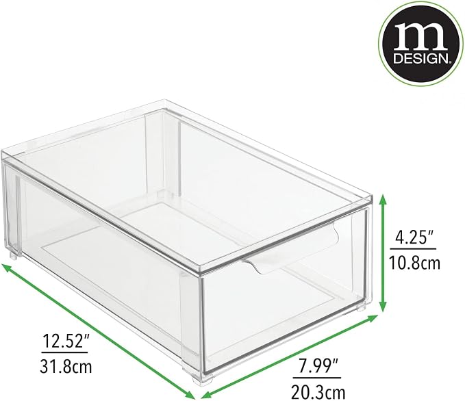 mDesign Plastic Stackable Closet Storage Organizer Bin Containers with Front Pull Drawer for Cabinet, Desk, Shelf, Cupboard, or Dresser Organization - Lumiere Collection - Set of 3 - Clear - Image 6