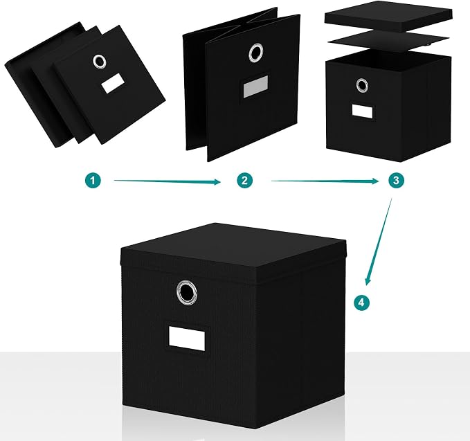 Pezin & Hulin Fabric Storage Cubes with Lids, 6-Pack, 11x11x11 in, Black | Collapsible Fabric Bins for Closet, Foldable Stackable Organizer Boxes with Label Cards - Image 4