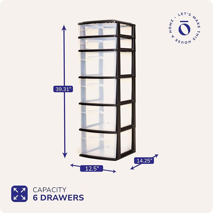 HOMZ Drawer Tower, 6-Tier Storage Cart with Removable Wheels, Black Frame | Plastic Organizer with Clear Bin Drawers for Bedroom, Bathroom, Home Office, and Dorm Rooms - Image 2
