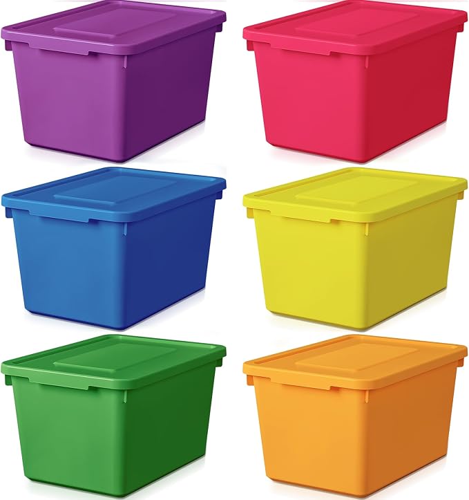 Potchen 6 Pack Small Stackable Storage Bins with Lids Plastic Storage Boxes for Classroom 9.8" ×7.3" ×5.7" Decorative Organizer Bins for Craft Art Office Teacher Supplies (Colorful) by Potchen
