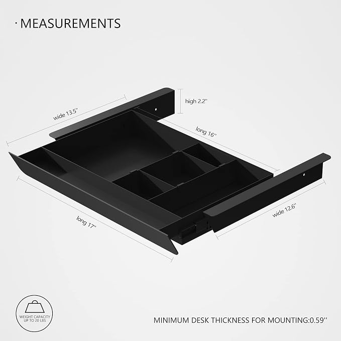 Under Desk Mounted Sliding Pull-out Drawer with Pencil Tray and Slide Storage Tray, 17'' long & 13.5'' deep Large Storage Organizer for Sit Stand Workstation - Image 3