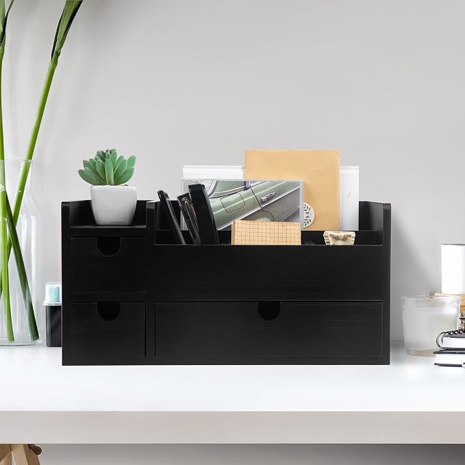 Vintage Black Wooden Desktop Organizer Removable Drawers Office Supplies Wood Storage Cabinet Caddy Box Stationery Pencil Slots Mail Holder Note Pads Accessories Home Makeup Tools Cosmetics - Image 2