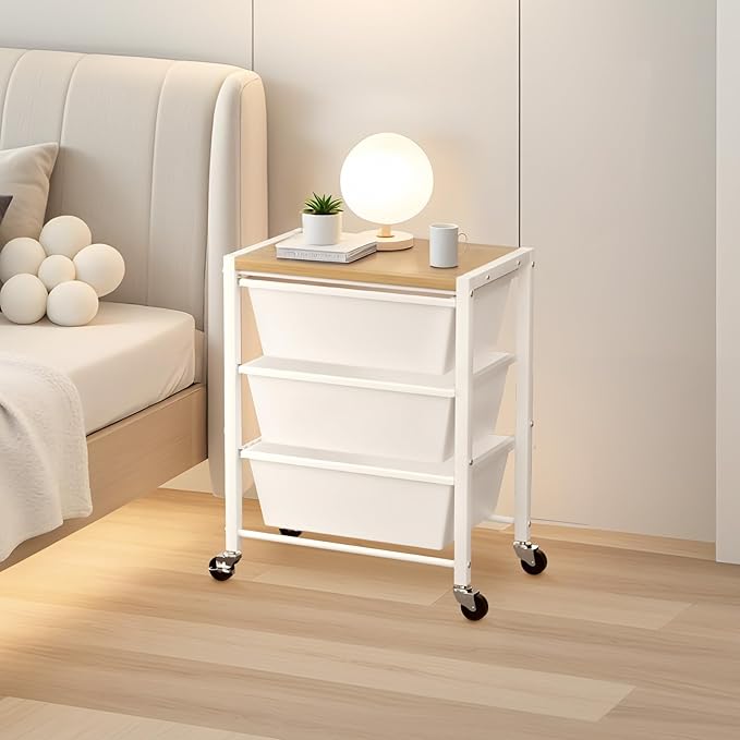 Rolling Cart with 3 Drawers, Plastic Drawer Storage Carts with Lockable Wheels & Wooden Tabletop, Metal Utility Cart Organizer, Office Bedroom Classroom Craft Organization and Storage, Bright White - Image 2