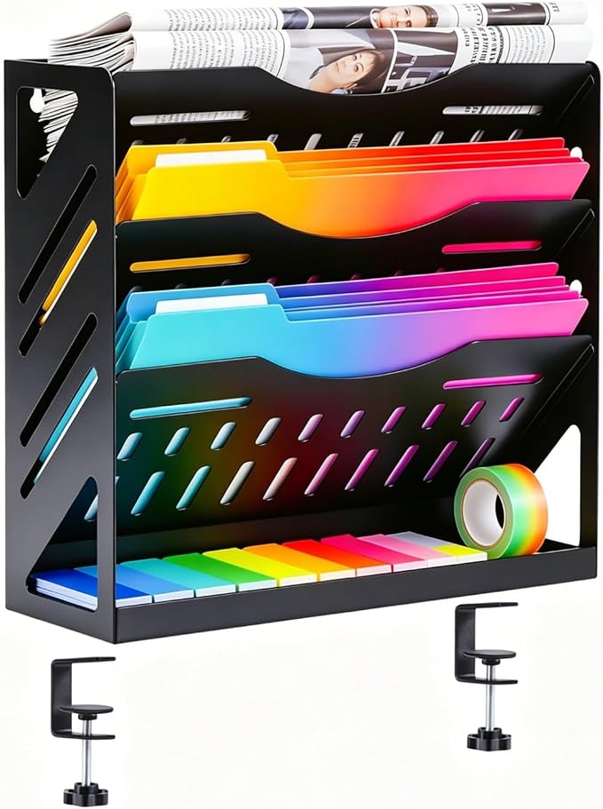 Yuxh 13 Inch 4 Tier Clamp on Desk Shelf Metal File Mail Bill Organizer | Drill-free mounting holder for workspace storage, heavy-duty metal rack for office paperwork sorting by Yuxh
