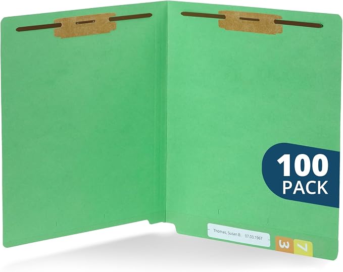 Blue Summit Supplies 100 Green End Tab Fastener File Folders, Letter Size | Durable 11pt green paper, straight cut end tabs, 2 prong fasteners, medical files, receipts, office reports by BlueSummitSupplies
