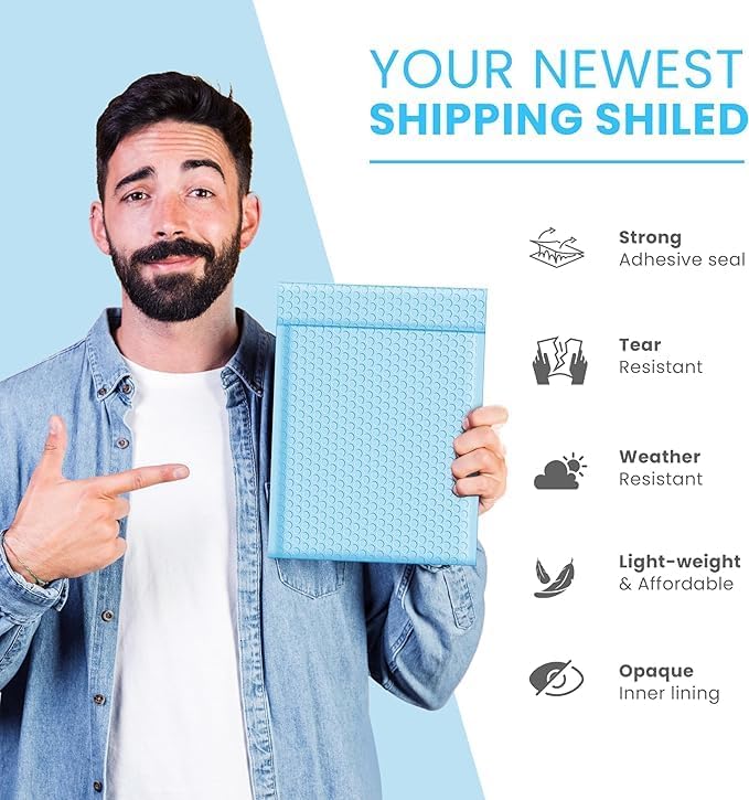 Light Blue Bubble Mailers 10x13, Self Seal Poly Padded Envelopes, 100 Pack - Image 3