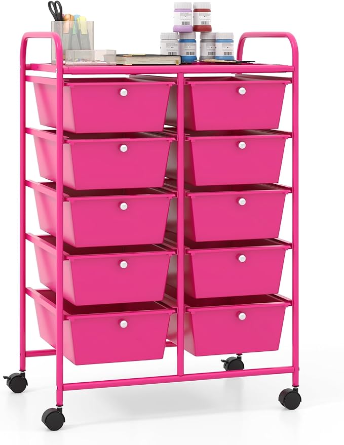 Giantex 10 Drawers Rolling Cart, Classroom Organizers, Storage Cart with Wheels, for Teacher Office Home School Supplies Tool Craft Art Paper, Hot Pink by Giantex