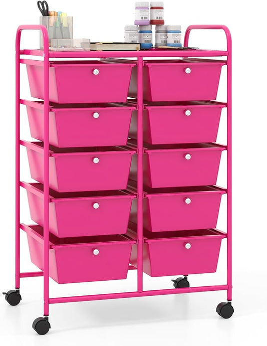 Giantex 10 Drawers Rolling Cart, Classroom Organizers, Storage Cart with Wheels, for Teacher Office Home School Supplies Tool Craft Art Paper, Hot Pink by Giantex