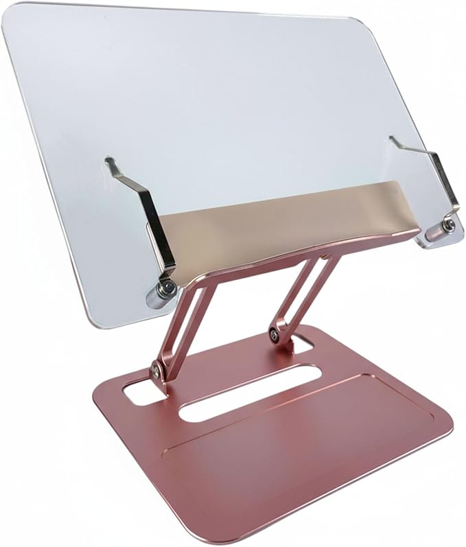 Adjustable Desktop Book Stand, Aluminum Reading Document Holder with Foldable Base, Book Holder, Foldable Desktop Riser for Laptop, Recipe, Textbook (Rose) by DoMyfit