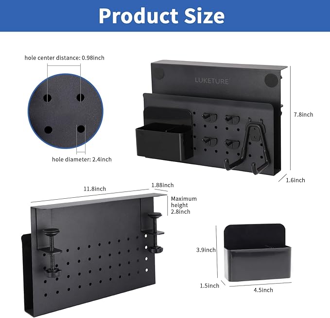 LUKETURE Desk Side Storage, No Drill Laptop Side Desk Mount, Steel Hanging Organizer, with Pegboard Accessories, Clamp on Laptop Holder for Office and Home, Fits Flat Edge Tables 0.3" to 2.8" - Image 5