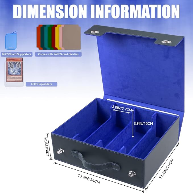 4-Row 3000+ Trading Card Storage Box for MTG, Card Deck Box with Snap-fit Design, 4 Card Sleeves, 8 Stoppers, 24 Dividers (4-Rows Black-Blue) - Image 3