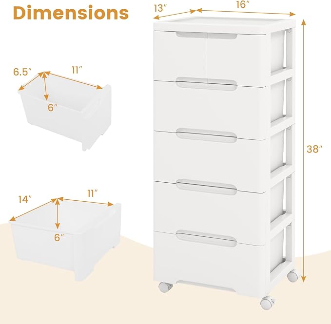 6-Drawer Plastic Rolling Storage Cart (16"x13"x38") | Mobile Storage Cabinet | Vertical Storage Tower Container Unit | 4 Universal Wheels | For Living Room, Home Office - Image 3