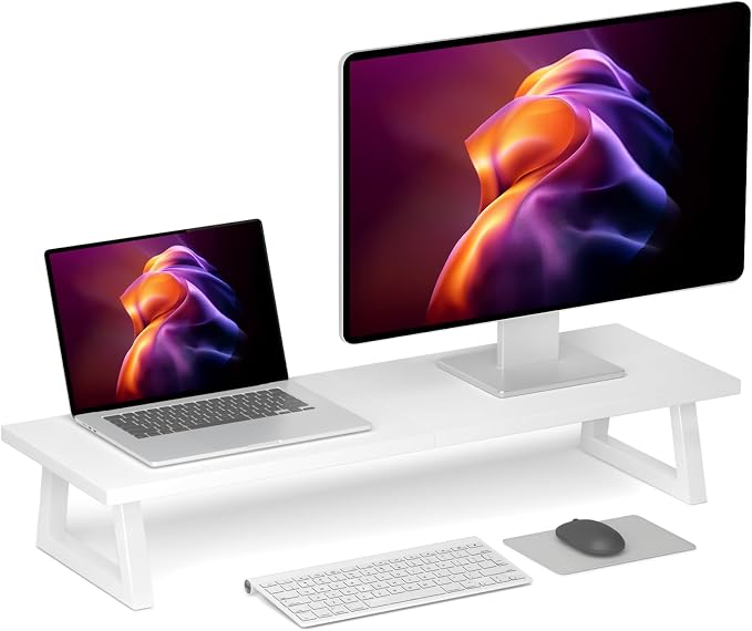TEAMIX White Dual Monitor Stand Riser, 31.5 inch Long Stand, Desk Organizer | For Computer, Laptop, PC, Printer, Wood & Steel TV Stand, Holds 150lbs, Keyboard & PS5 Storage, For Home Office & Gaming by TEAMIX