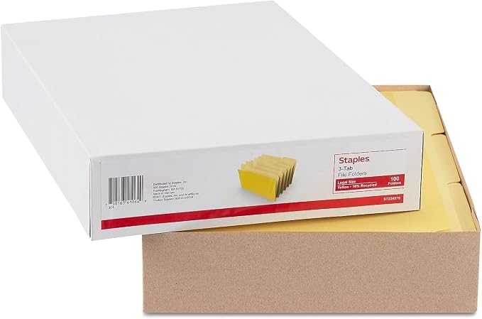 Staples Colored File Folders, Legal Size, 3‑Tab Top‑Tab Design, Yellow, Durable Paper Stock, 100/Pack - Image 4