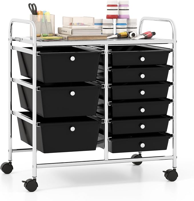 Giantex 9 Drawers Rolling Cart, Classroom Organizers, Storage Cart with Wheels, for Teacher Office Home School Supplies Tool Craft Art Paper, Black by Giantex