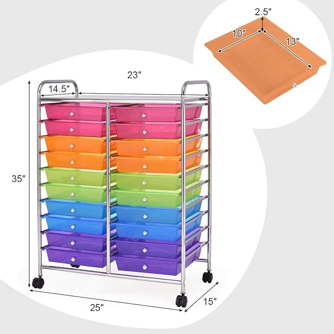 GOFLAME 20-Drawer Rolling Storage Cart, Multifunctional Art Craft Organizer Cart, Mobile Utility Storage Cart with Removable Drawers & Lockable Wheels, Craft Cart for Home Office, Rainbow - Image 2