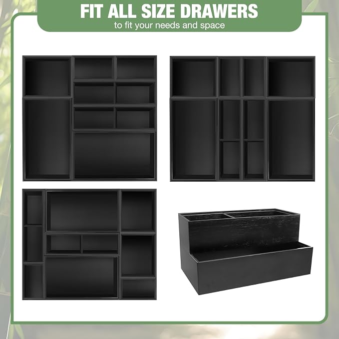 Bamboo Drawer Organizer Set, 8 PCS Black Multi-Use Drawer Storage Boxes, Junk Drawer Organizer Divider Bins for Bathroom, Kitchen, Office Desk, Makeup, Jewelry, Utensils - Image 4