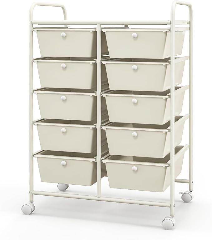 Giantex 10 Drawers Rolling Cart, Classroom Organizers, Storage Cart with Wheels, for Teacher Office Home School Supplies Tool Craft Art Paper, Ivory Color - Image 10