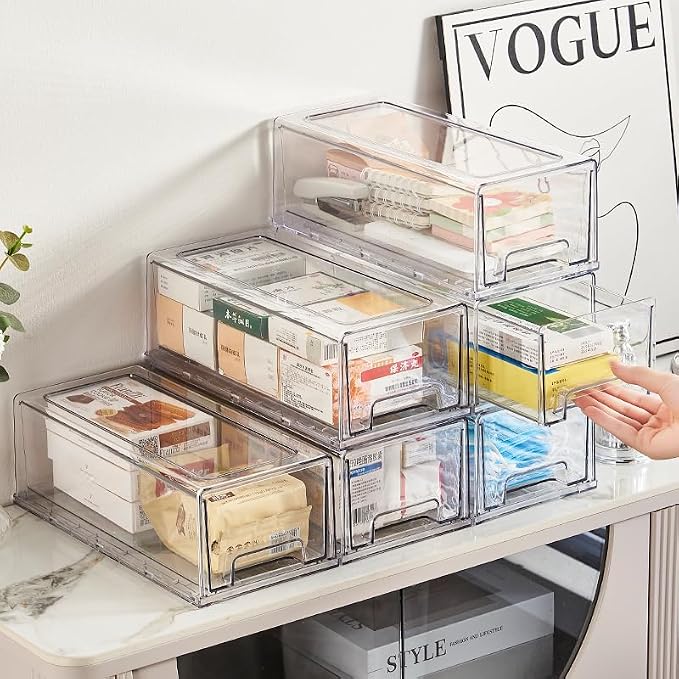 clear Drawer-Type Plastic Storage Box Bins Organizer，Family First Aid Kits Medicine cabinet Box Organizer,Closet ，Shelf，Ointments, Adhesive Bandages，Cosmetics,Office Items (clear, 2M) - Image 5