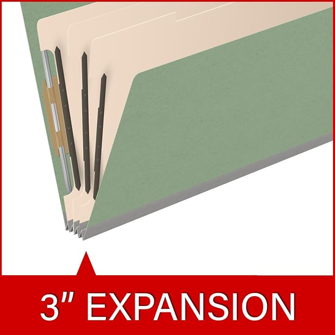 Ecom Folders End Tab Pressboard Classification Folders | Legal Size 25 Pt Type III Stock with 3 Dividers & 3" Tyvek Expansion | 2 Fasteners Pos 1 & 3 for Medical & Office Docs | Green, Box of 10 - Image 7