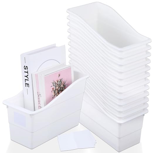 gisgfim 12 Pack Large Book Bins with Labels (White) | Durable Plastic,Stackable Magazine Organizer,Storage Bins for Classroom,Library,Office,Bookshelf Categorization by gisgfim