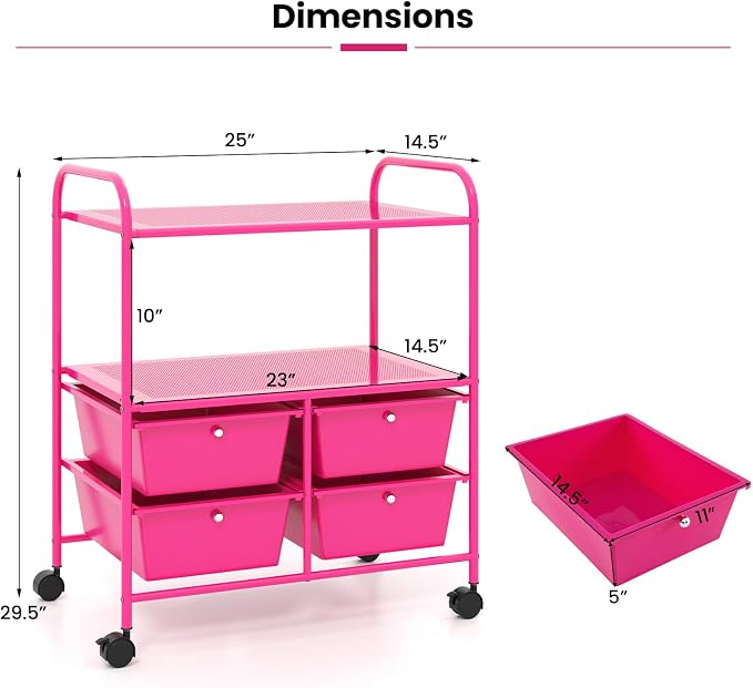 Moccha Rolling Storage Cart with 4 Drawers - Storage Drawers Organizer with wheels for Craft Art Supply Paper Salon, Scrapbook Paper Tools, Movable Utility Cart for Classroom School Studio, Hot Pink - Image 3